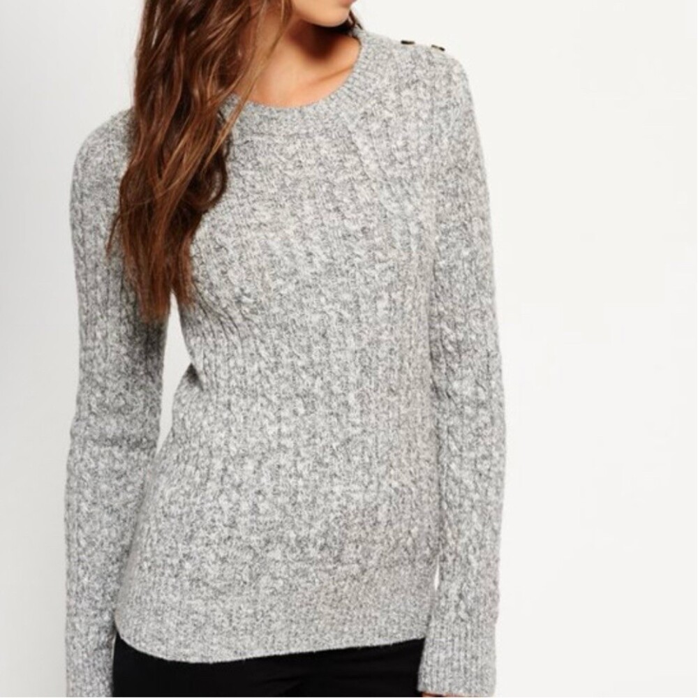 Superdry Sweater Womens US 6 Cable Knit Crew Neck Pullover Gray Marl